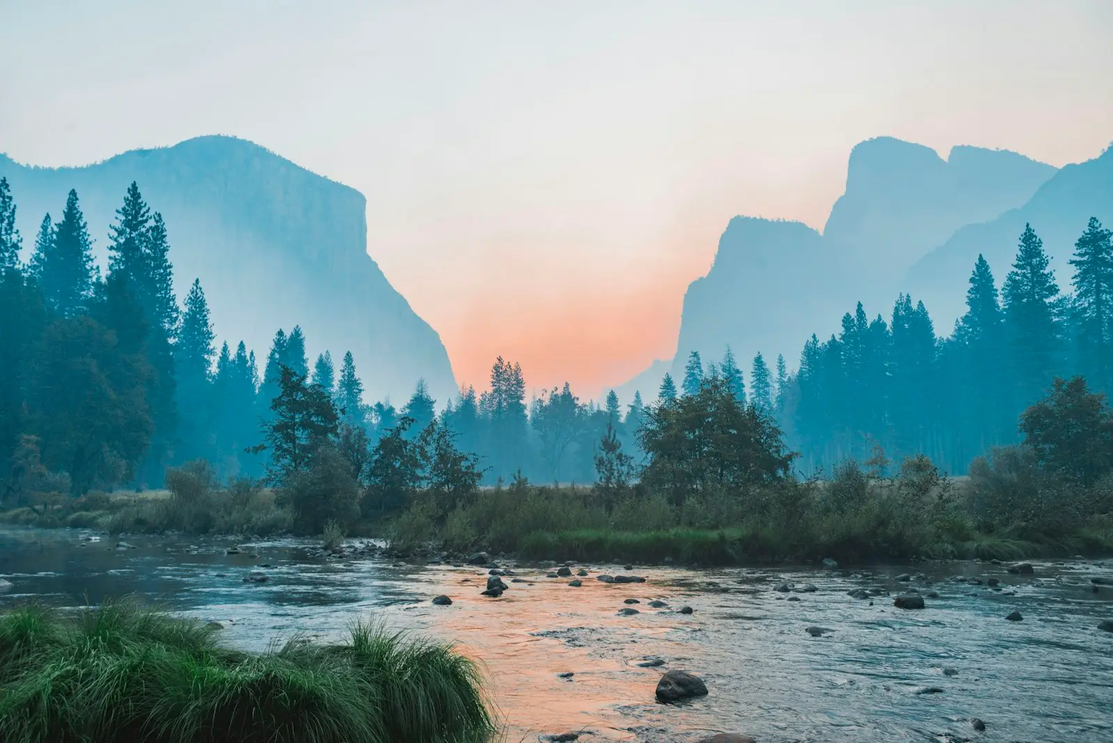 A wide river valley at dawn, mist between the pines and the first light on the far peaks
